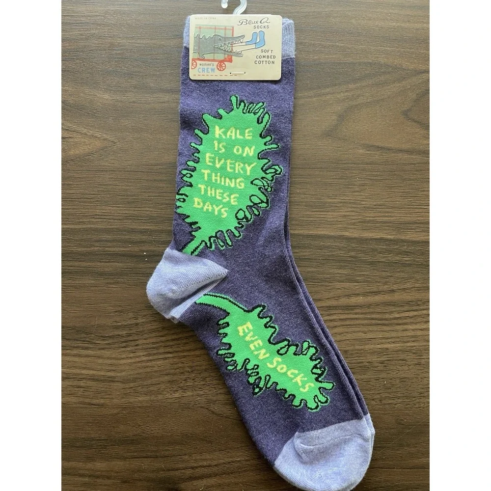 Blue Q Womens Crew Socks Kale Is On Everything These Days Size 5-10 Purple Green